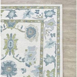 Green Oushak Rug, Modern, Vintage, Turkish, Eclectic, Floral, Pastel, Washable, Large Area Rugs for Living Room, Dining, Bedroom, Girls, Boys, 7'5"x9'8"