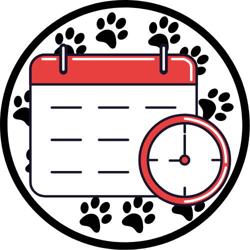 Graphic of a white and red calender on a black and white paw print background