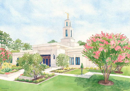 Painting of the New Raleigh Temple with pink blossom trees.