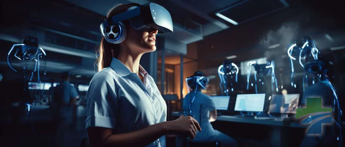 A nurse educator setting up a VR simulation for eager students.