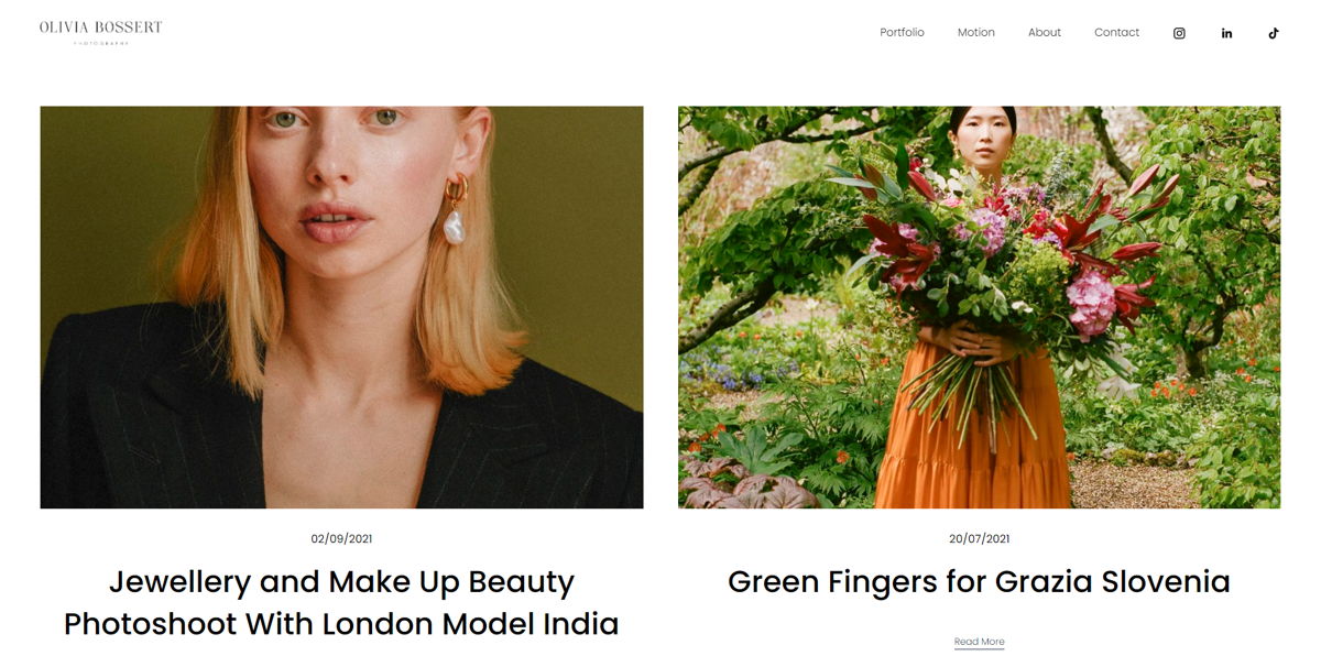 Screenshot of Olivia Bossert Photography, from the squarespace blog examples collection.