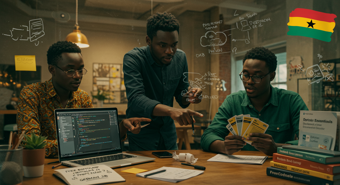 Career transition journey from free coding bootcamps to Germany tech jobs - Ghanaian developers building portfolios with cloud architecture diagrams and German language study