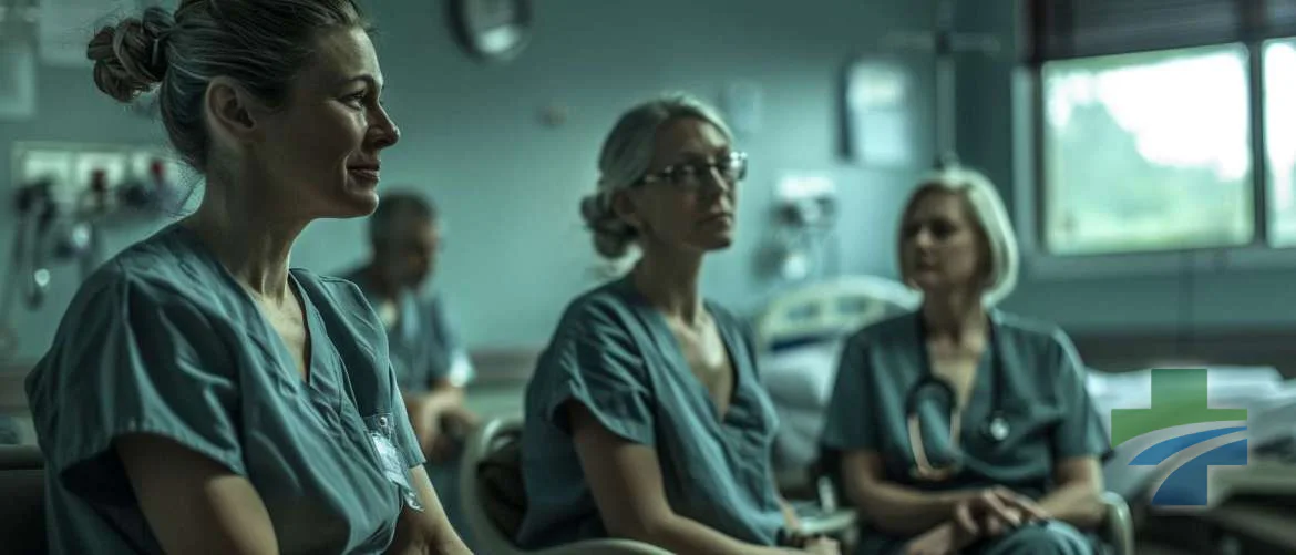 Nurses share a moment of support in a hospital’s quiet room