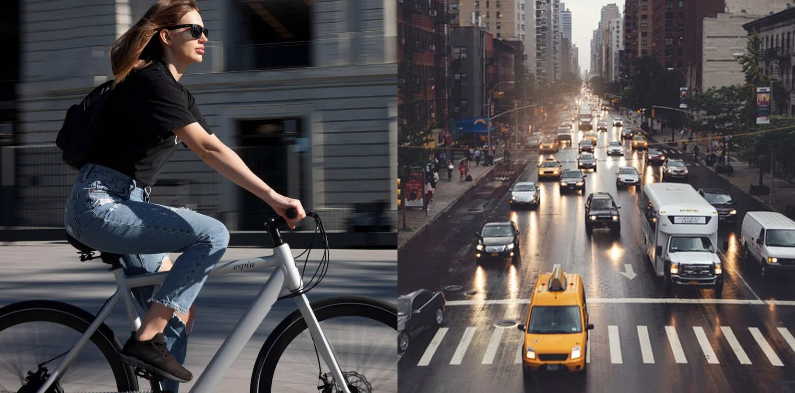 Imagen de recurso de una persona rodando con una e-bike y múltiples coches.