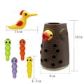 Dimensions of a woodpecker, colorful worms, and a tree from the Montessori Woodpecker toy set.