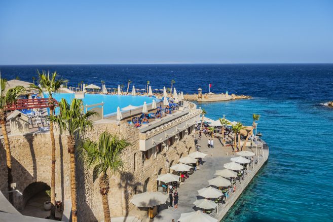 SAHL HASHEESH, HURGHADA, EGYPT - DECEMBER 21, 2018 Albatros Citadel Resort - 5-star ultra inclusive resort with splendid view over Red Sea and unique natural stone and coral architecture. Lagoon.