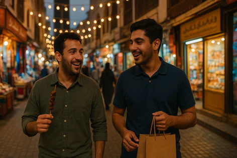 Two smiling men walk together down a vibrant night market street lit by string lights. One holds a meat skewer, the other a shopping bag, surrounded by blurred market activity.