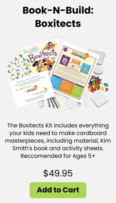 Book-N-Build Boxitects kit, blends hands on learning and STEM with ELA. build with recycled materials and 3DuxDesign materials.