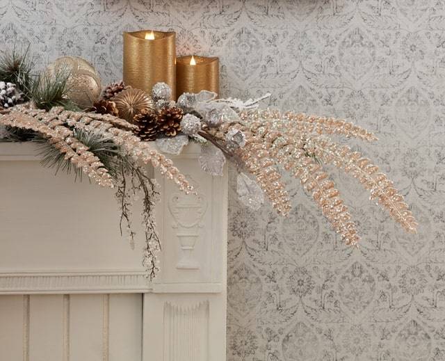 melrose mantle decor for Christmas with jewel encrusted feathers