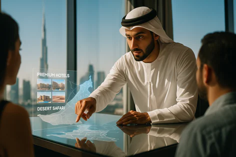 Man in traditional Arabic dress points at a holographic map display showing UAE regions, premium hotels, and desert safari options.