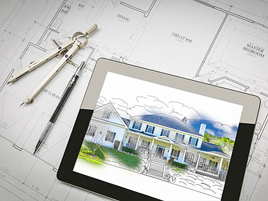  Basel
- Projektplan mit Stift, Zirkel und Tablet mit Visualisierung des fertigen Hauses