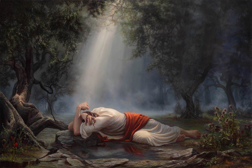 Jesus crumpled in pain in Gethsemane.