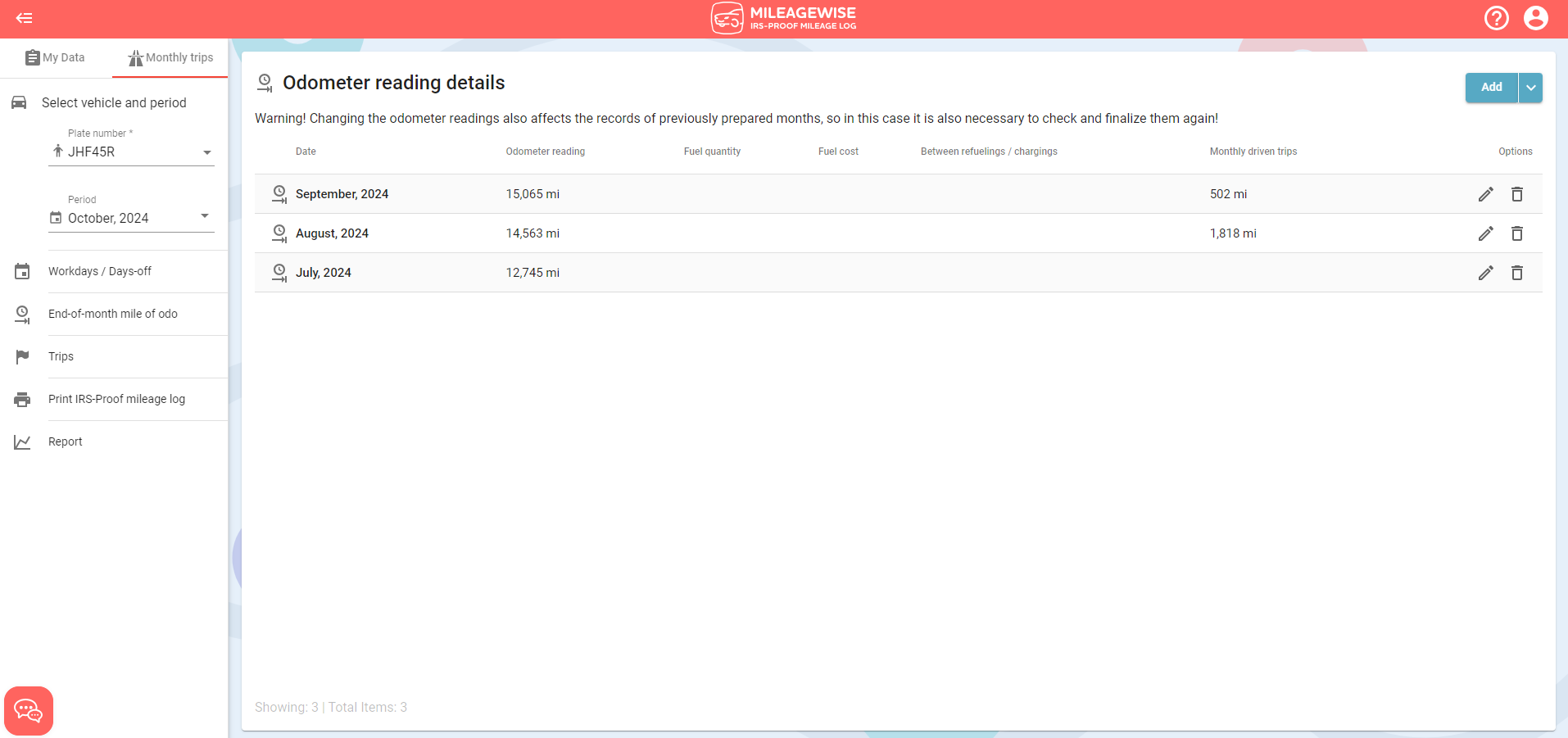 odometer reading details