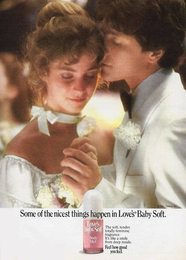 Love's Baby Soft vintage ad with a young woman slow dancing with a young man: "Some of the nicest things happen in Love's Baby Soft"