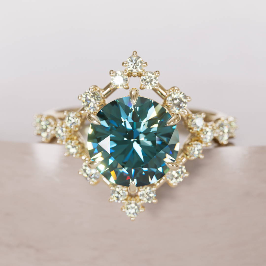 round Cut Teal Sapphire and Diamond halo celestial Engagement Ring 