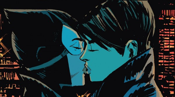 Comic image of Catwoman kissing Eiko Hasigaway.