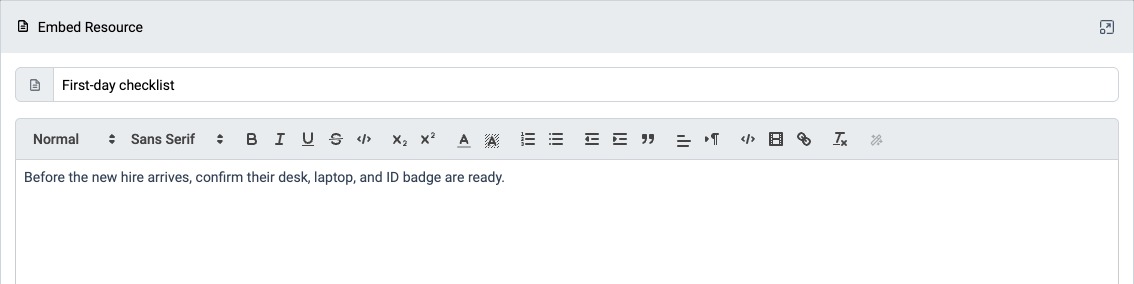 Embed Resource dialog with a title and text
