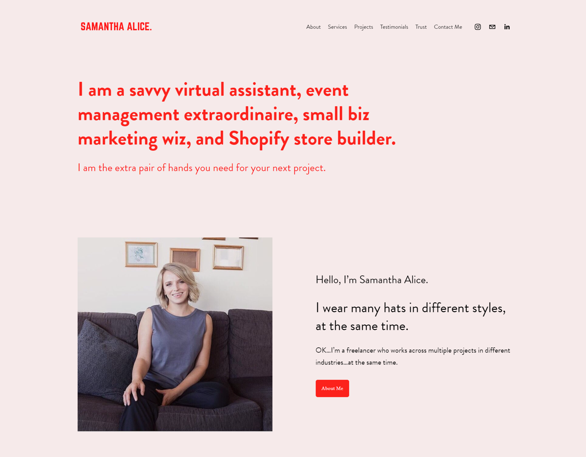 Screenshot of Samantha Alice, from the virtual assistant websites collection.