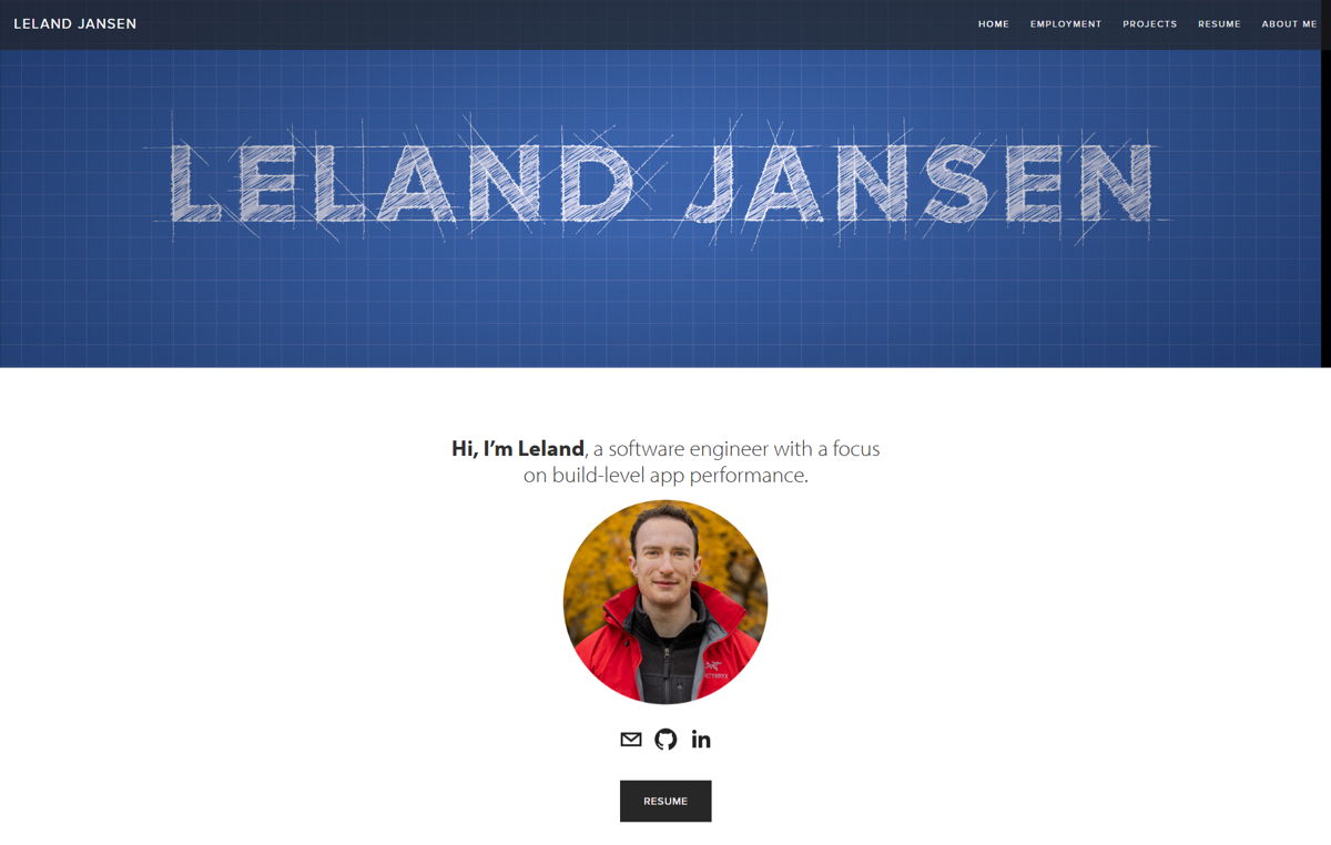 Screenshot of Leland Jansen, from the software engineer portfolios collection.