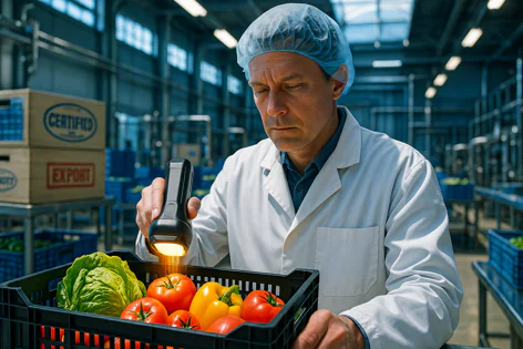 Man in lab coat and hairnet inspects crate of fresh vegetables like tomatoes, peppers, and lettuce using a flashlight in a food processing warehouse with certified export boxes visible.