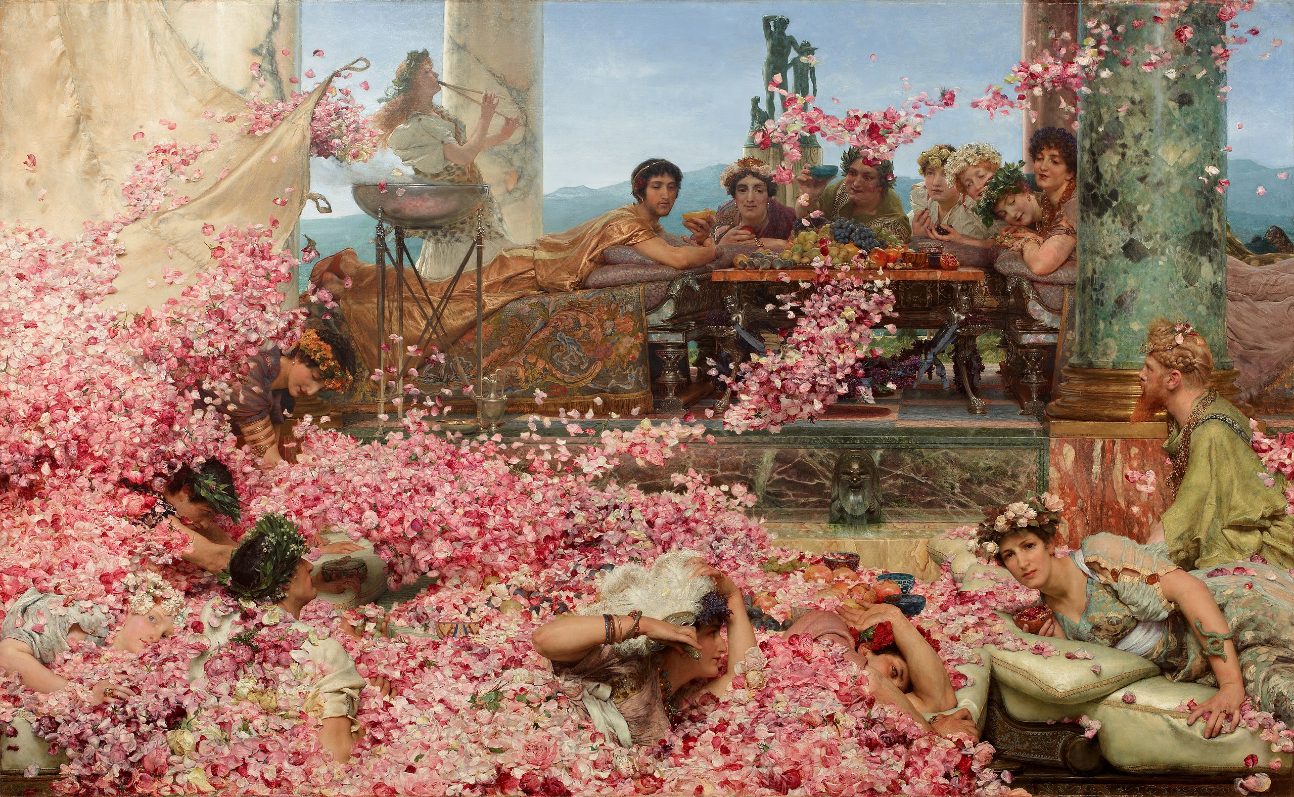 A realistic and vivid painting with Elagabalus laying on a table with others watching as tons of flower pedals cover her guests.