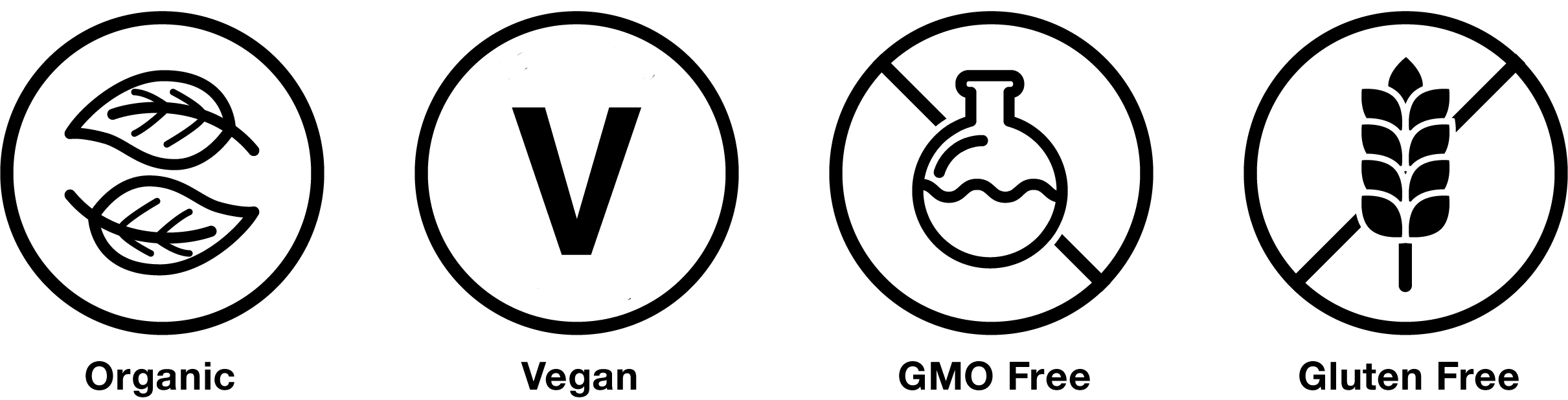 fastblast organic, vegan, gmo free, and gluten free logos