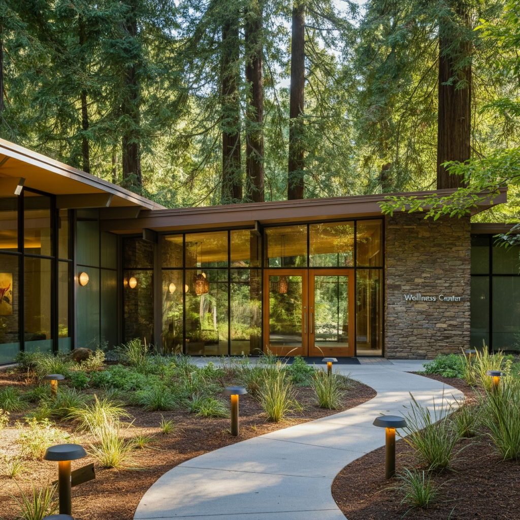 A photographic style image of The entrance to a modern wellness center nestled among redwoods, featuring natural stone and sustainable architecture. Native plants line the curved pathway leading to glass doors. high focus, sharp, lots of bright light, extra bright, highly detailed, high quality, dslr, film grain, fujifilm XT3, RAW photo, RAW candid cinema, color graded porta 400, depth of field, hyper realistic, natural-looking, expressive, textured skin, texture, 8k, photorealistic