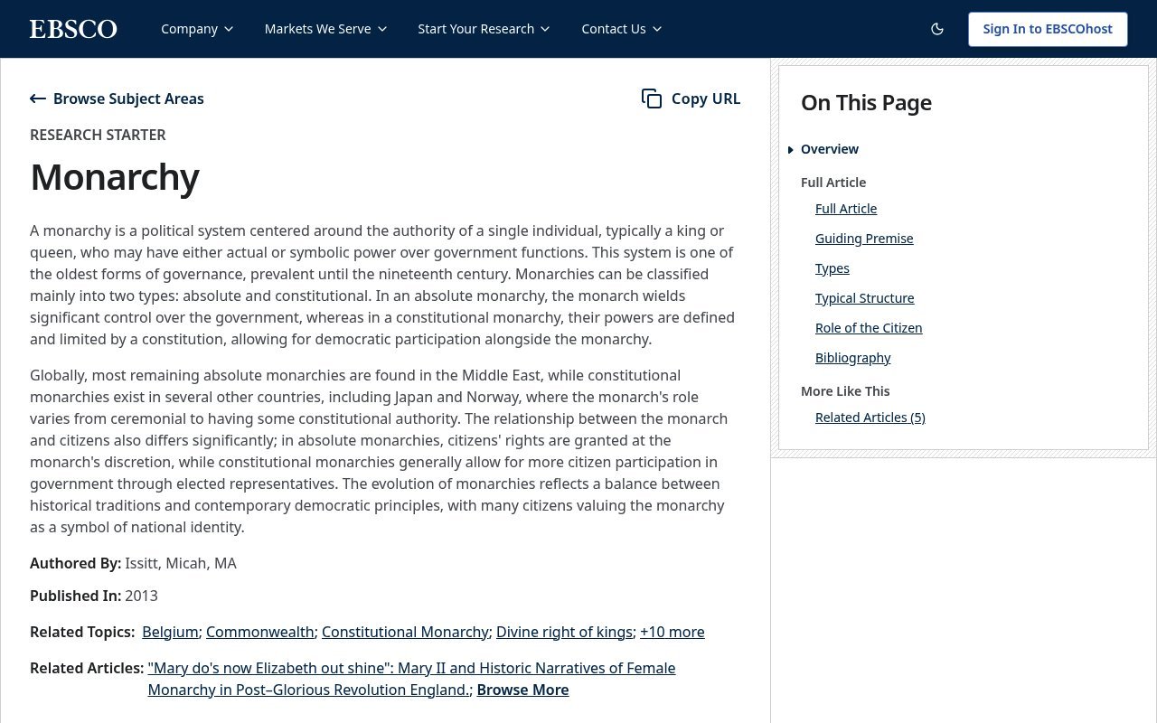 Monarchy | Political Science | Research Starters