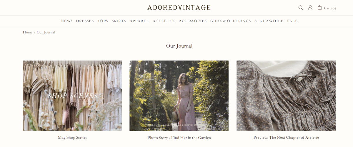Screenshot of Adored Vintage Shop Journal, from the shopify blog examples collection.