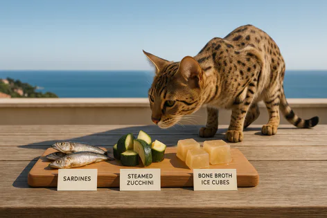 A beautiful spotted cat sniffs three whole sardines, chopped zucchini, and bone broth ice cubes on a wooden deck overlooking the ocean.