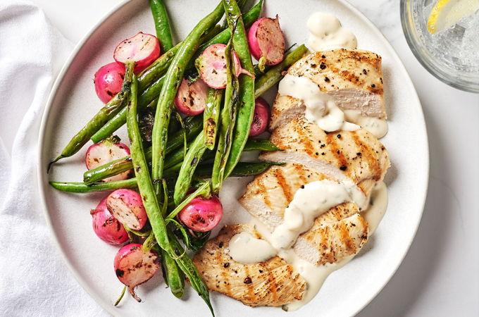 Grilled Chicken Cutlets, Radishes and Green Beans with Tarragon Sauce
