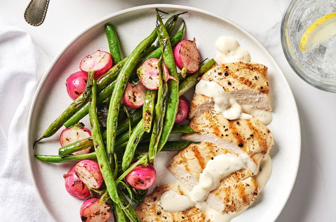 Grilled Chicken Cutlets, Radishes and Green Beans with Tarragon Sauce
