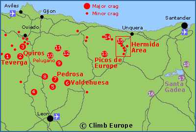 Map of the rock climbing, sport climbing and bouldering areas in Northern Spain