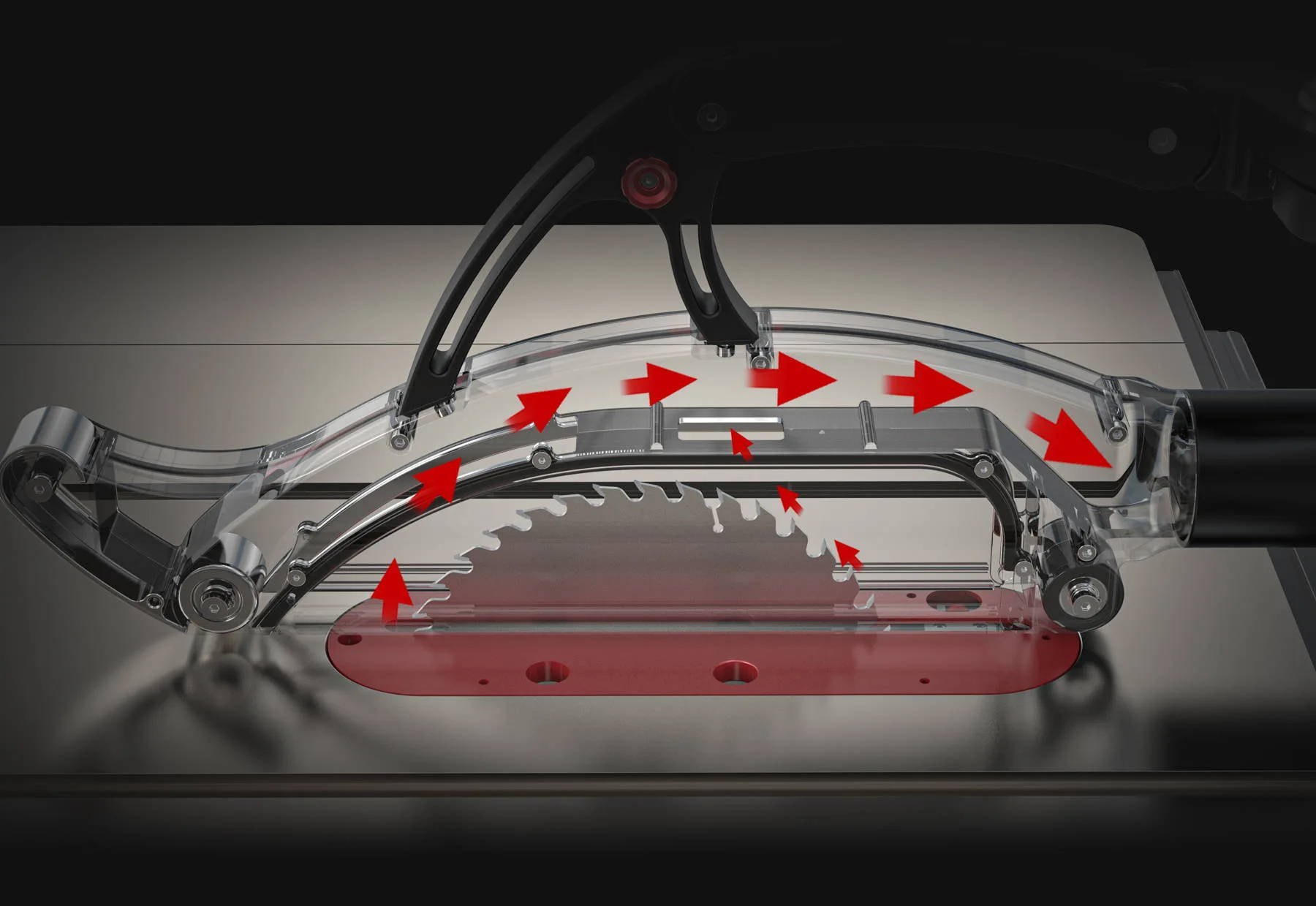 universal overhead guard table saw accessory Shark S10 integrated dust collection internal channel captures dust directly at the source, minimizing airborne particles and turning sawdust into neatly directed waste, for cleaner cuts, clearer air and a tidier workspace