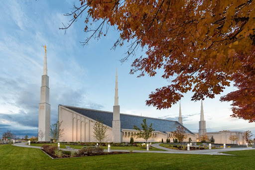 Boise Temple bneath a cluster of orange leaves.