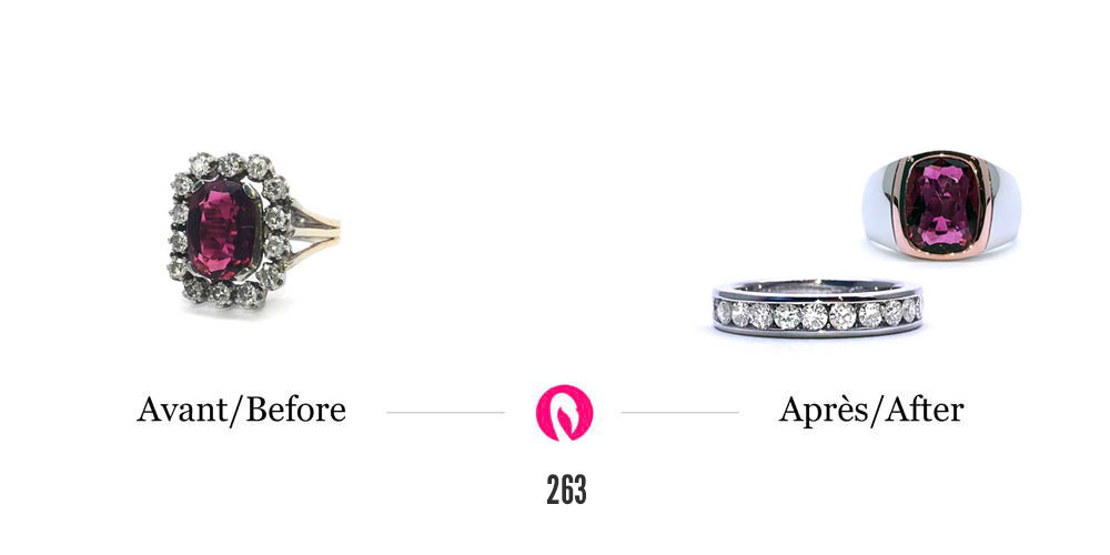 Transformation of an antique ring with 14 diamonds and precious stone in the center into a modern wedding ring with 14 diamonds without the stone.