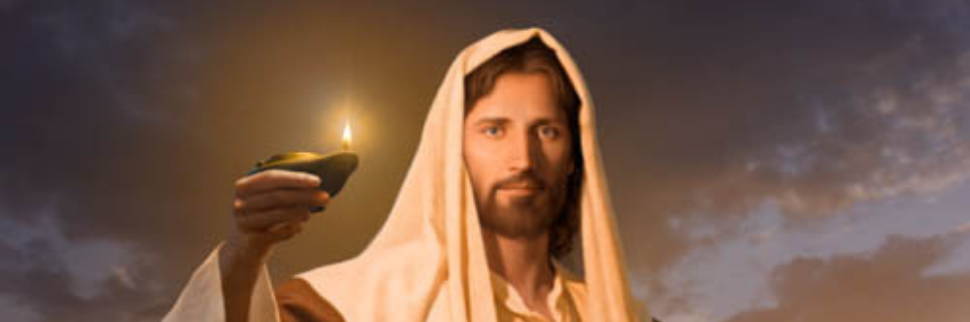 Banner image of a picture of Jesus Christ. He has a warm exprssion on His face and is holding up a glowing oil lamp against an evening sky.