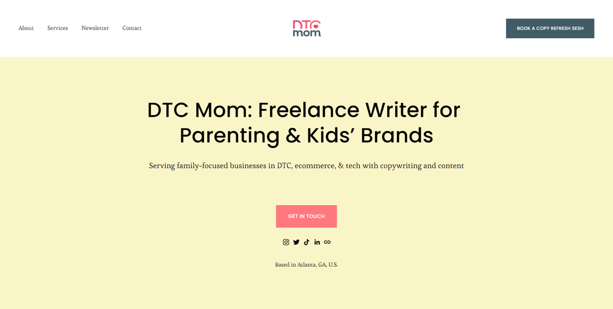 Screenshot of DTC Mom, from the copywriting portfolios collection.