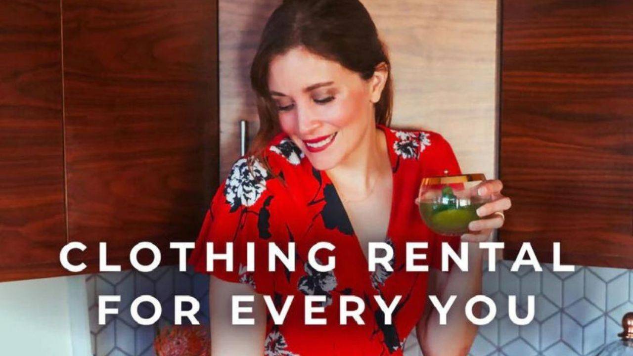 Woman wearing red dress with text overlay "Clothing rental for every you"