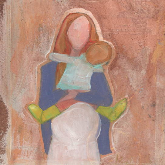 A forward-facing painting of a mother hugging a young child.