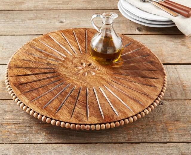 Carved Wood Lazy Susan with Beaded Trim