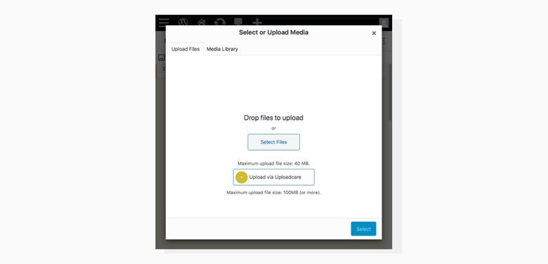 Upload via Uploadcare when editing posts or from Media Library. Upload images to WordPress Media Library built-in option and Uploadcare option