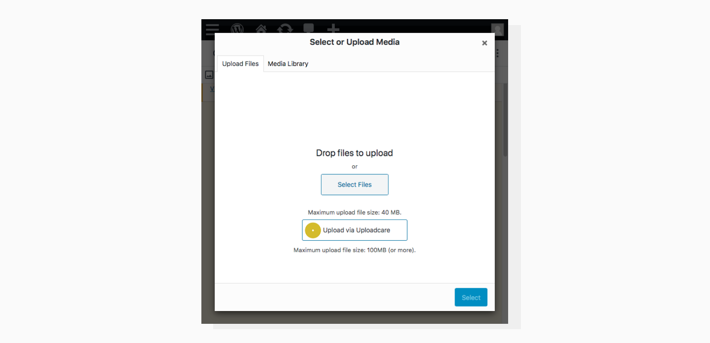 Upload images to WordPress Media Library built-in option and Uploadcare option