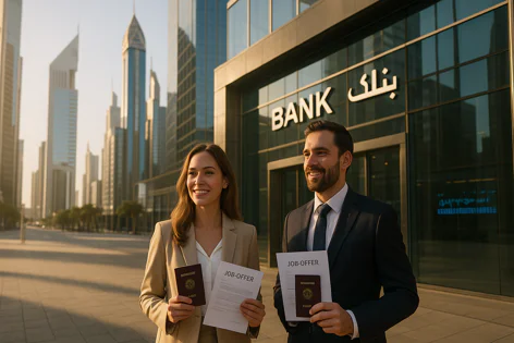 A smiling man and woman in business attire stand outside a bank holding passports and job offer documents, with modern skyscrapers in the background.