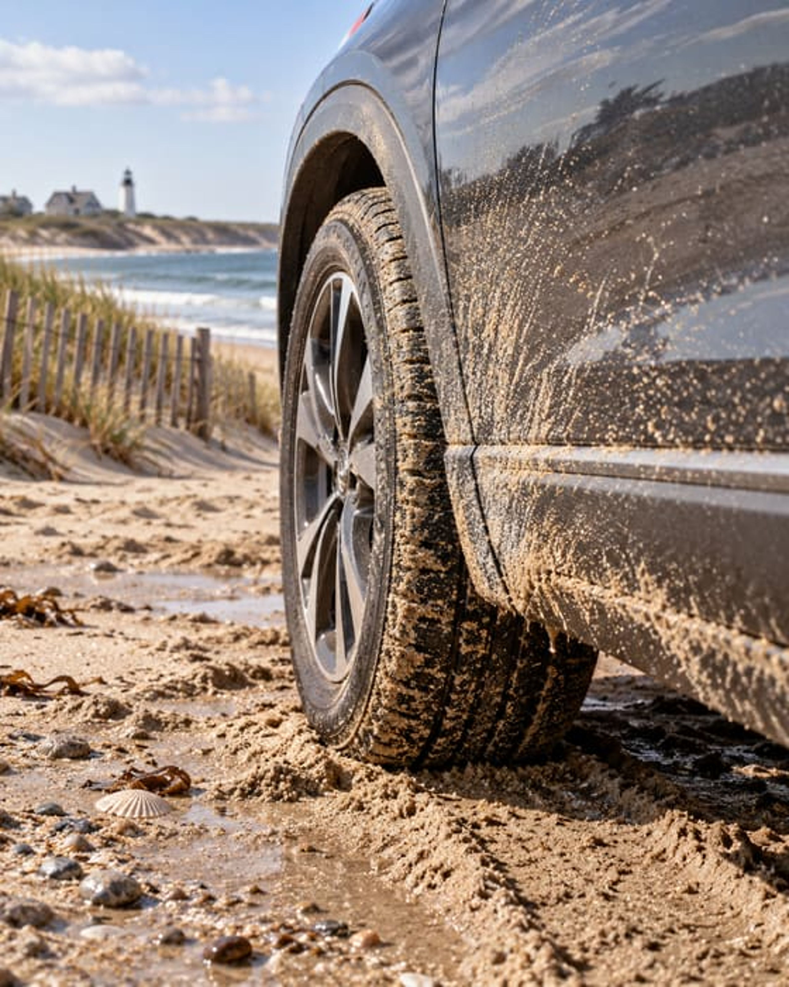 A car parked on a beach with sand across its bodywork