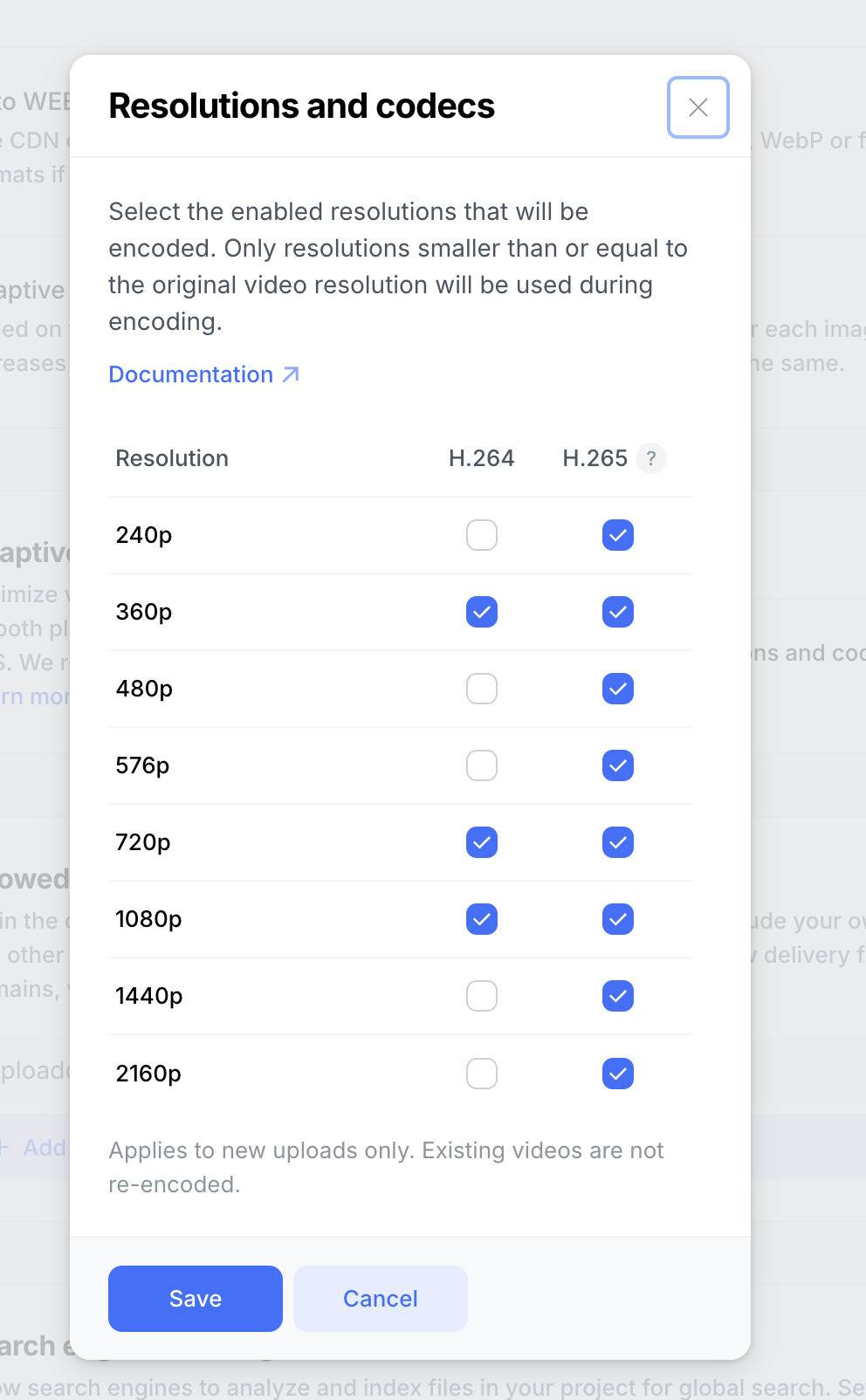 Adaptive streaming settings panel
