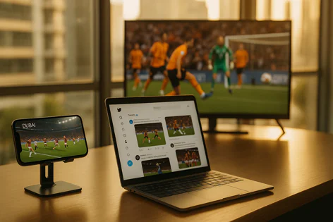 Multiple screens show a soccer game and a Twitter feed on a laptop, smartphone, and large TV simultaneously.