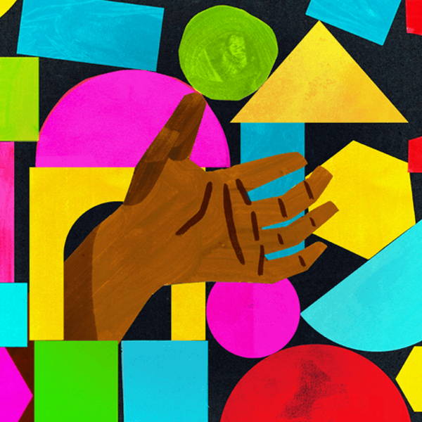 Illustration of a hand reaching for geometric shapes
