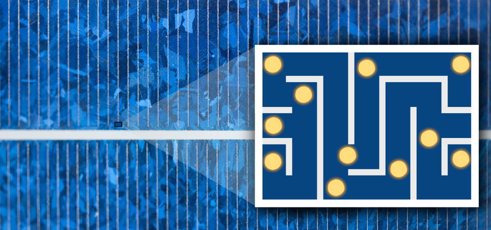 Magnified image of a polycrystalline solar panel. The marbled structure of the cell can be seen, along with a graphic illustrating how electrons can be affected by the crystal structure. 