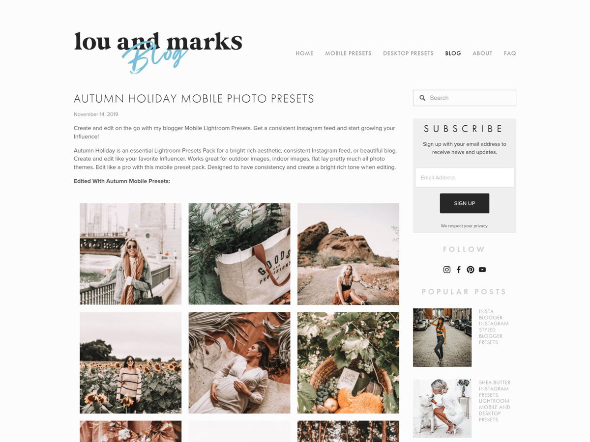 Screenshot of Lou & Marks, from the squarespace blog examples collection.